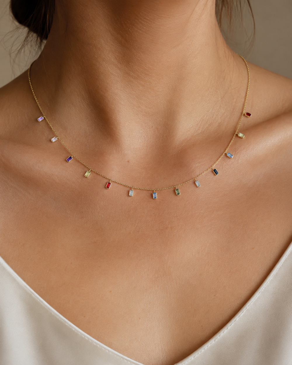 Rainbow Baguette Drop Necklace